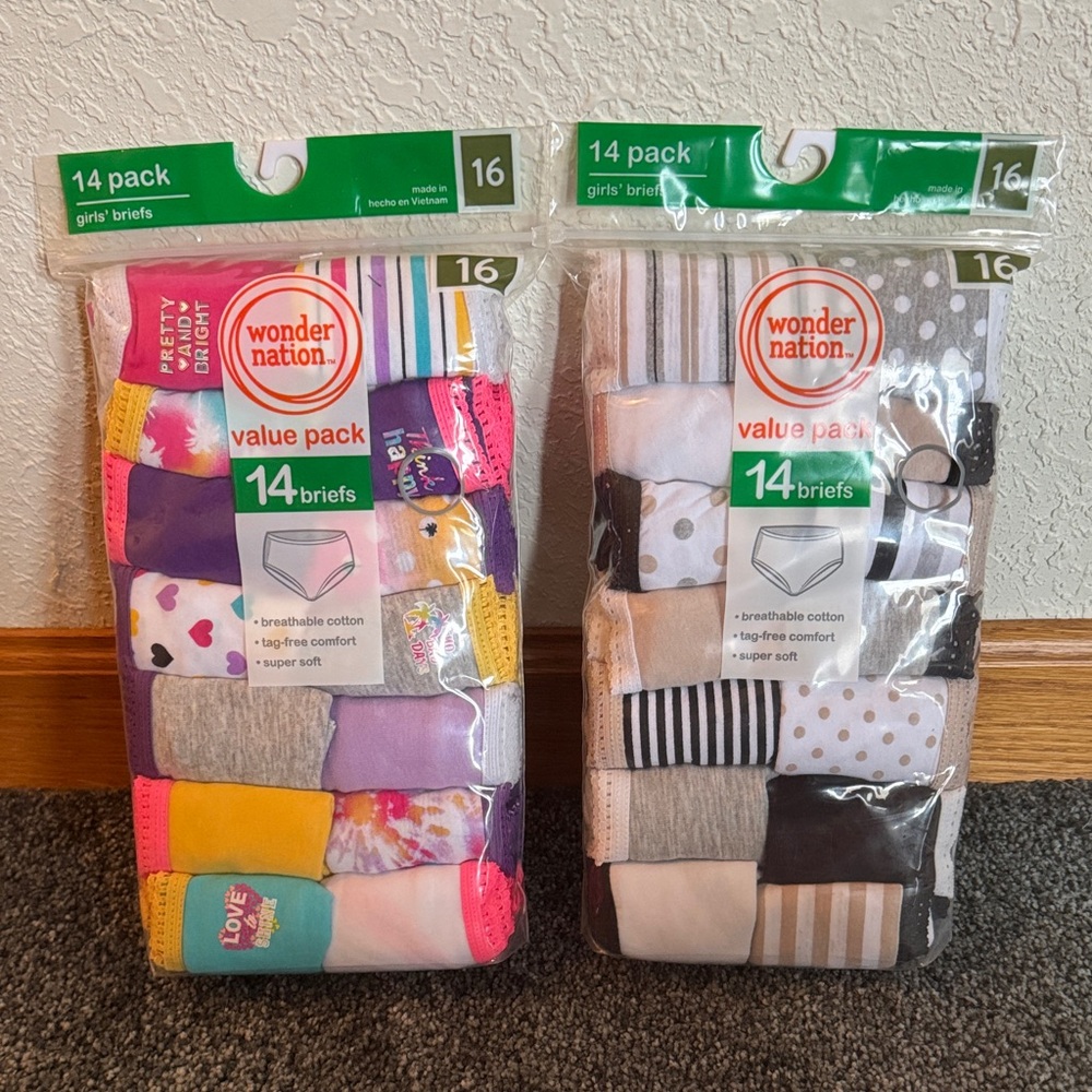 Wonder Nation Girls' 14-Pack Briefs - Assorted Purple, Pink, Yellow, Gray,